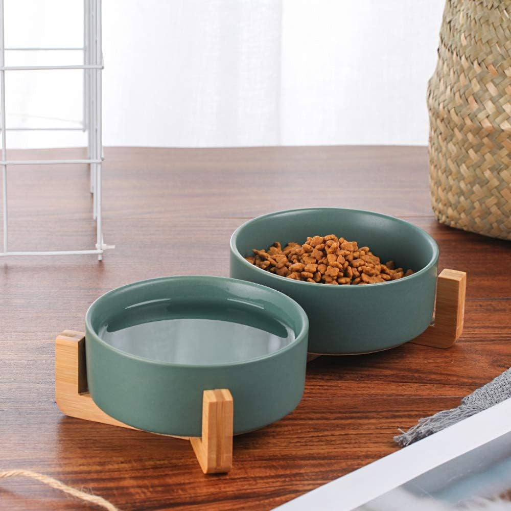 Green Ceramic Cat Dog Bowl Dish with Wood Stand No Spill Pet Food Water Feeder Cats Small Dogs Set of 2