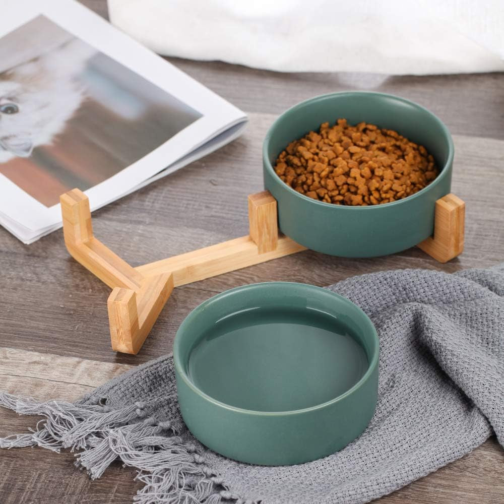 Green Ceramic Cat Dog Bowl Dish with Wood Stand No Spill Pet Food Water Feeder Cats Small Dogs Set of 2