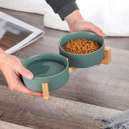 Green Ceramic Cat Dog Bowl Dish with Wood Stand No Spill Pet Food Water Feeder Cats Small Dogs Set of 2